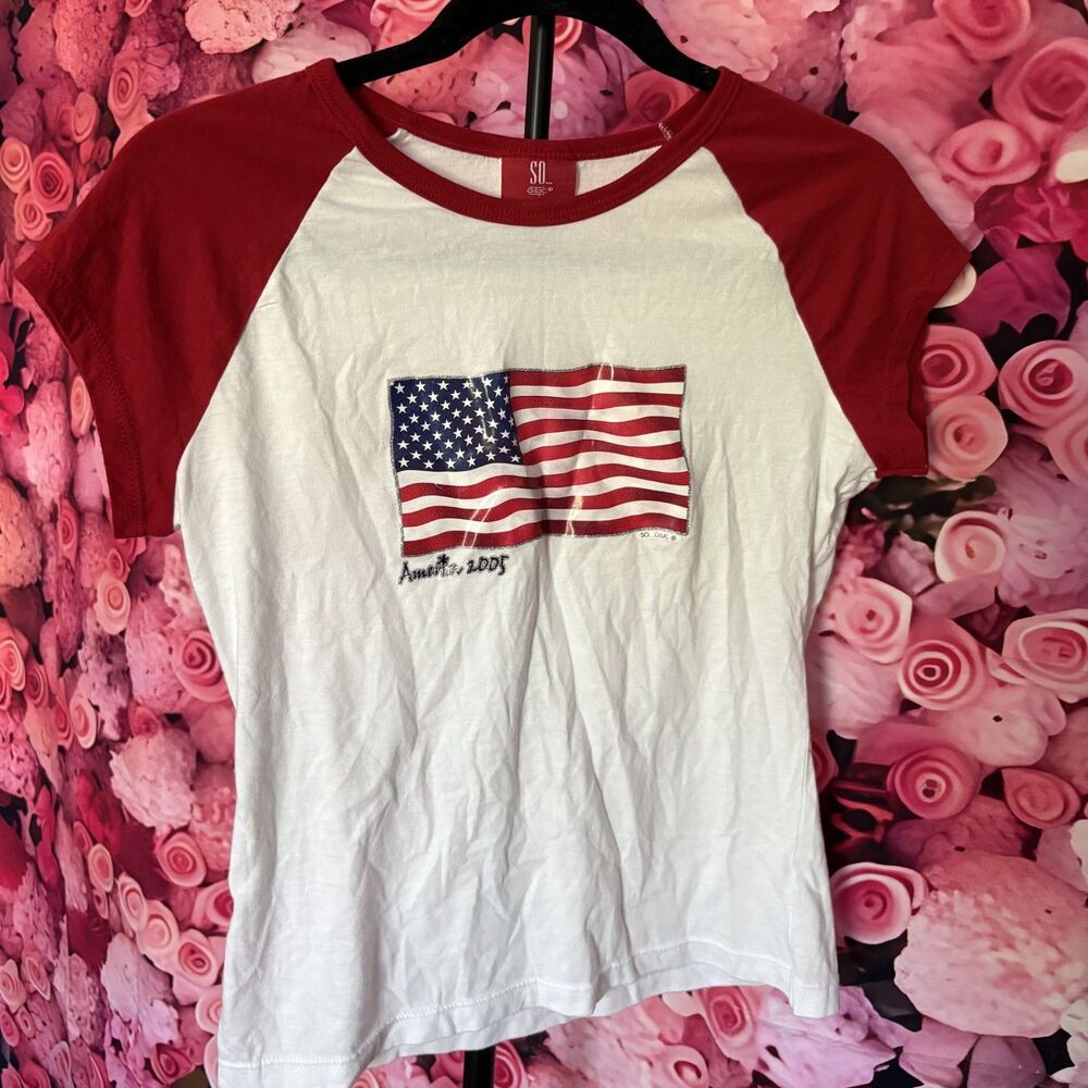SO Baby Tee USA Flag Graphic Red White Blue Y2K Women’s Medium Cropped Raglan